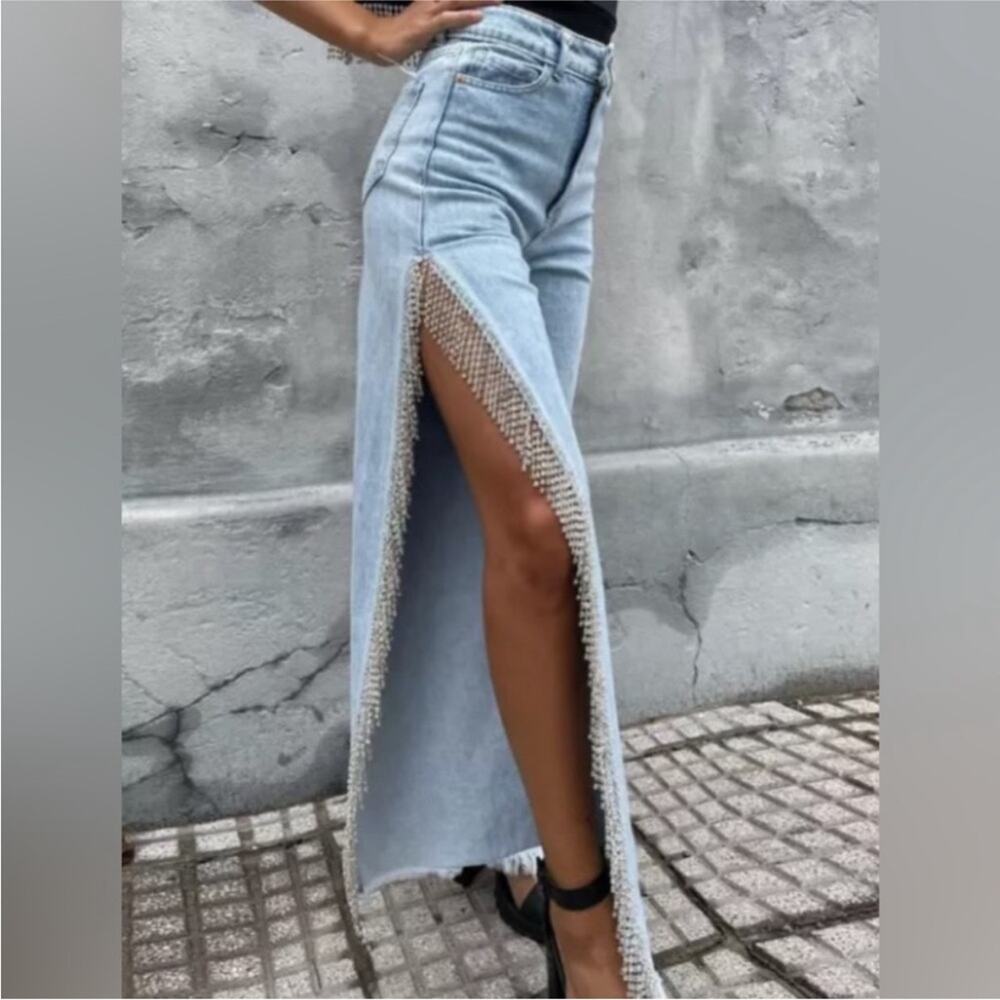 NEW Light Wash Stretch Denim Rhinestone Crystal Fringe Tassel Split Leg Jeans L - Picture 3 of 14